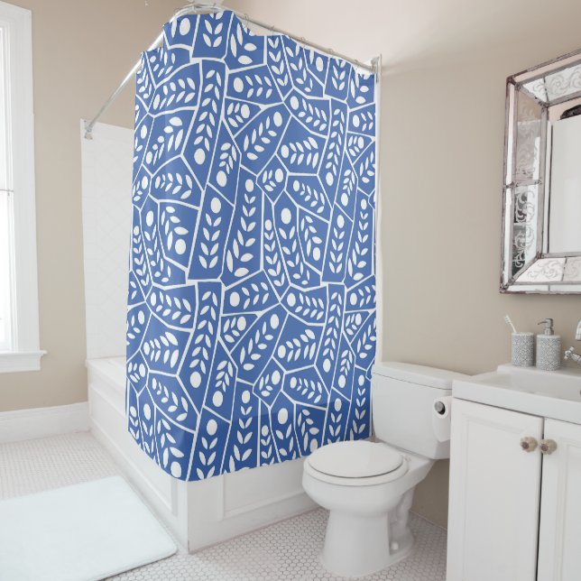 Abstract Modern Blue Leaves Shapes Shower Curtain (In Situ)