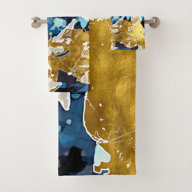 Abstract, modern, collage, gold, navy blue bath towel set (Insitu)