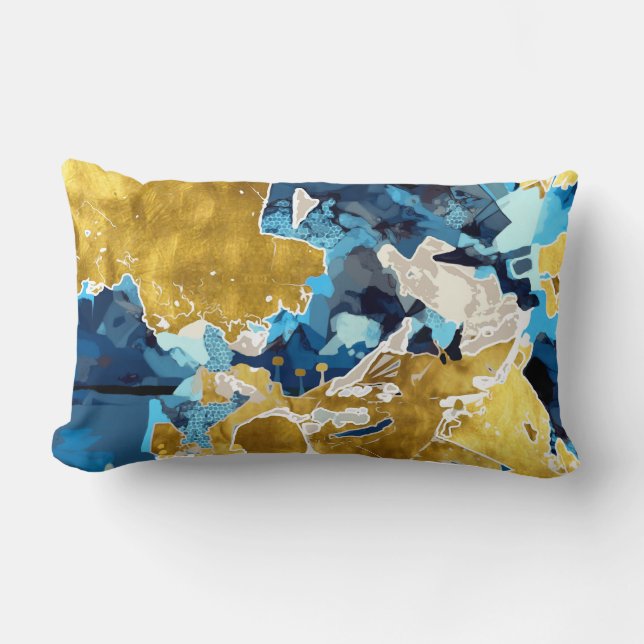 Abstract, modern, collage, gold, navy blue lumbar cushion (Front)