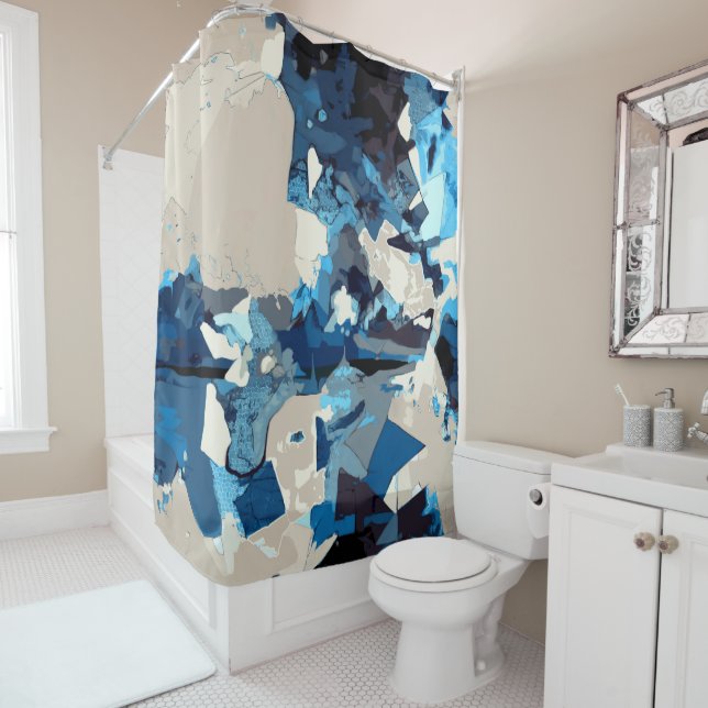 Abstract, modern, collage, navy blue, teal, beige shower curtain (In Situ)