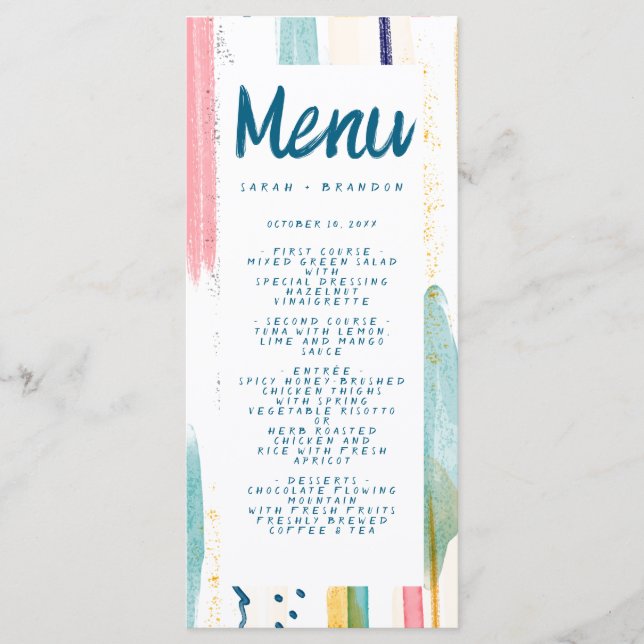 Abstract Modern Colourful Brush Wedding  Menu (Front)