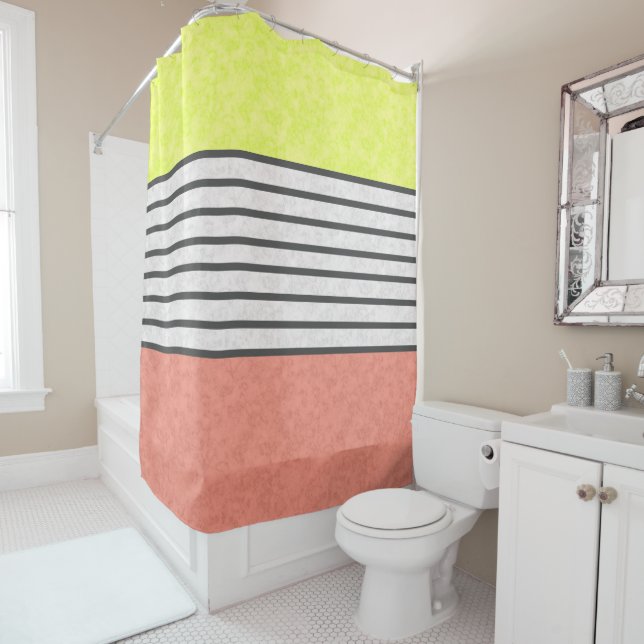 Abstract modern colours coral pink lime green whit shower curtain (In Situ)