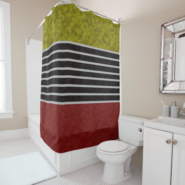 Abstract modern colours red green white black stri shower curtain (In Situ)