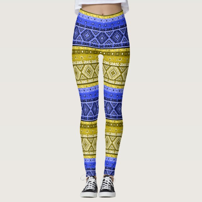 Abstract modern decor ornamental geometrical patch leggings (Front)