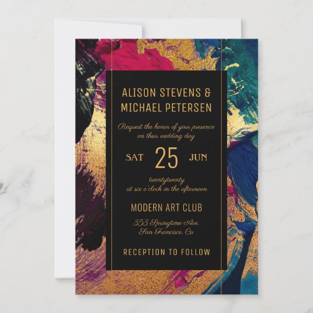 Abstract modern design gold black wedding invitation (Front)