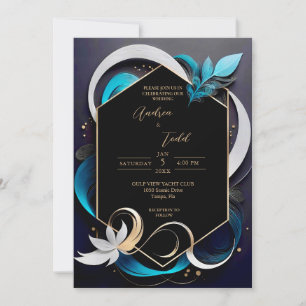 Abstract modern elegant teal, white, gold wedding invitation