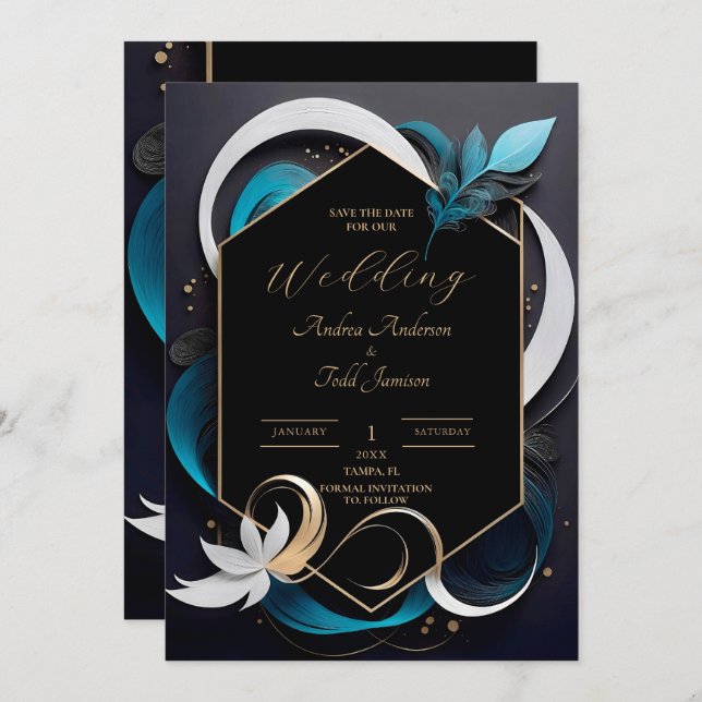 Abstract modern elegant teal, white, gold wedding save the date (Front/Back)