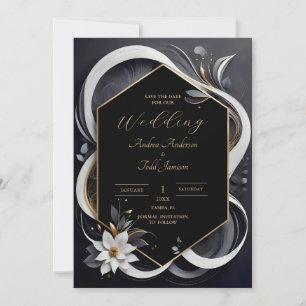 Abstract modern elegant white and gold wedding sav save the date