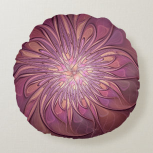 Abstract Modern Floral Fractal Art Berry Colors Round Cushion