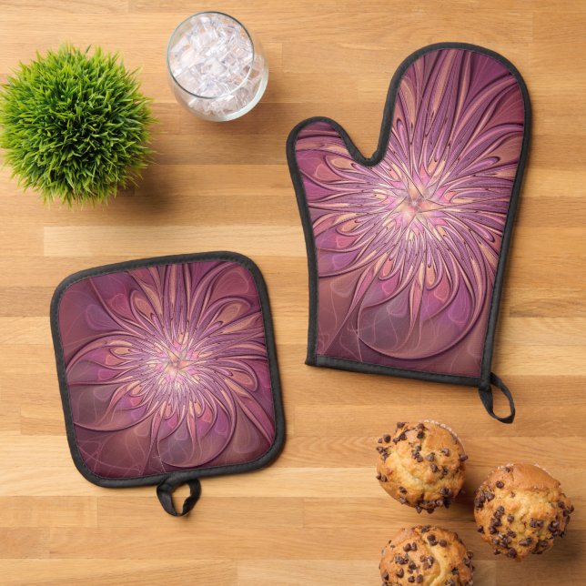 Abstract Modern Floral Fractal Art Berry Colours Oven Mitt & Pot Holder Set (Top Down)