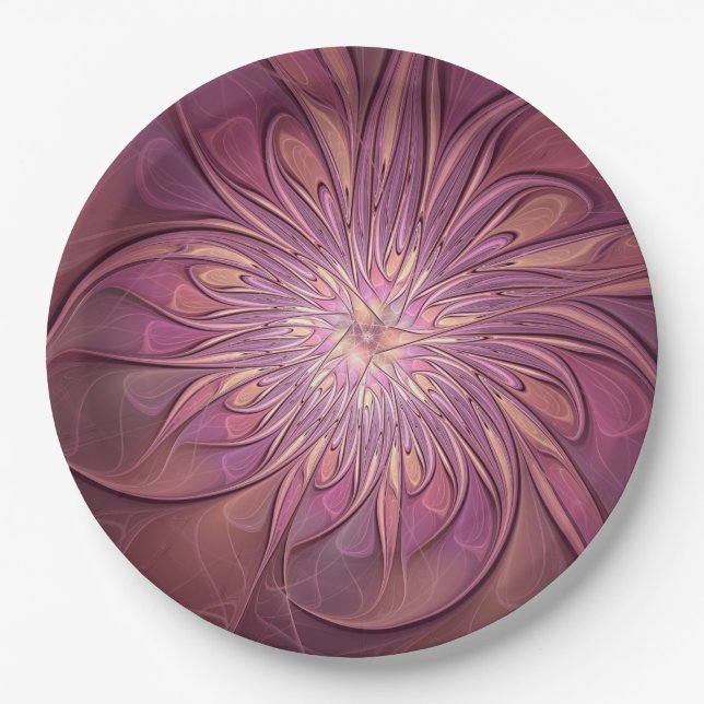 Abstract Modern Floral Fractal Art Berry Colours Paper Plate (Front)