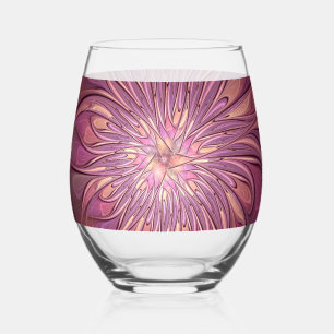 Abstract Modern Floral Fractal Art Berry Colours Stemless Wine Glass