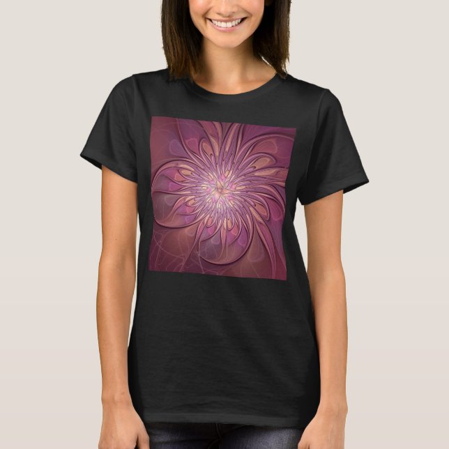 Abstract Modern Floral Fractal Art Berry Colours T-Shirt (Front)