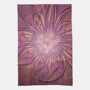 Abstract Modern Floral Fractal Art Berry Colours Tea Towel