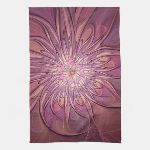 Abstract Modern Floral Fractal Art Berry Colours Tea Towel