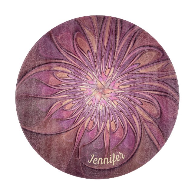 Abstract Modern Floral Fractal Berry Colours Name Cutting Board (Front)