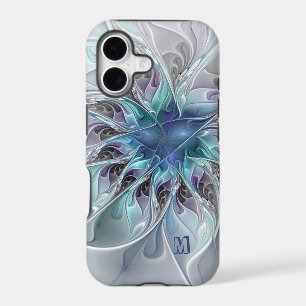 Abstract Modern Fractal Flower With Blue Monogram