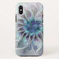 Abstract Modern Fractal Flower With Blue Monogram