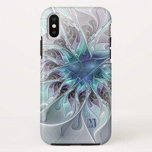 Abstract Modern Fractal Flower With Blue Monogram Case-Mate iPhone Case
