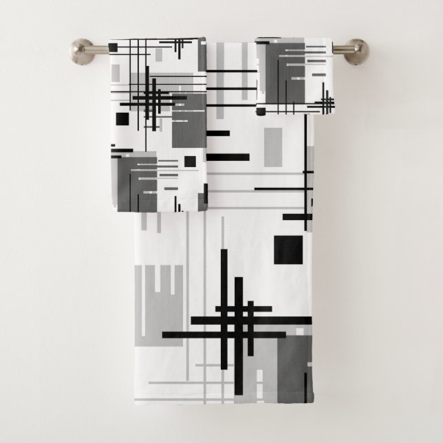 Abstract modern geometric shapes striped lined rec bath towel set (Insitu)
