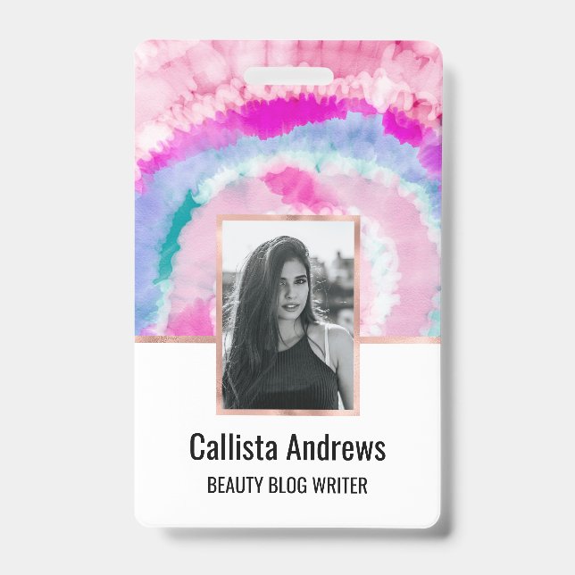 Abstract Modern Girly Pink White Tie Dye Paint ID Badge (Front)