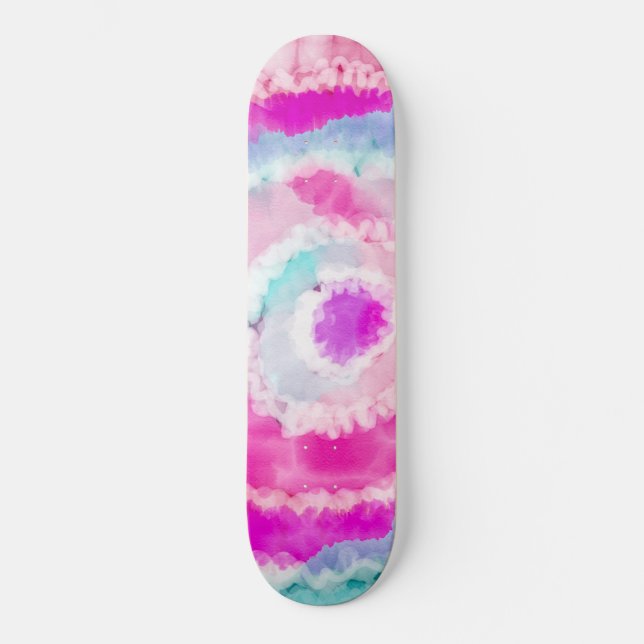 Abstract Modern Girly Pink White Tie Dye Paint Skateboard (Front)