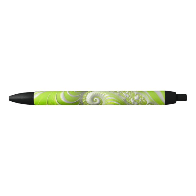 Abstract Modern Lime Green Spiral Fractal Black Ink Pen (Front)
