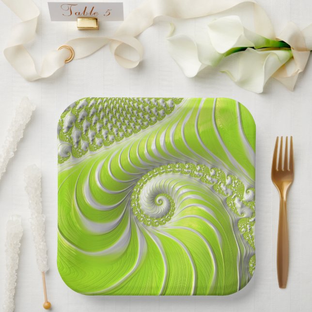Abstract Modern Lime Green Spiral Fractal Paper Plate (Wedding)