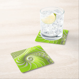 Abstract Modern Lime Green Spiral Fractal Square Paper Coaster