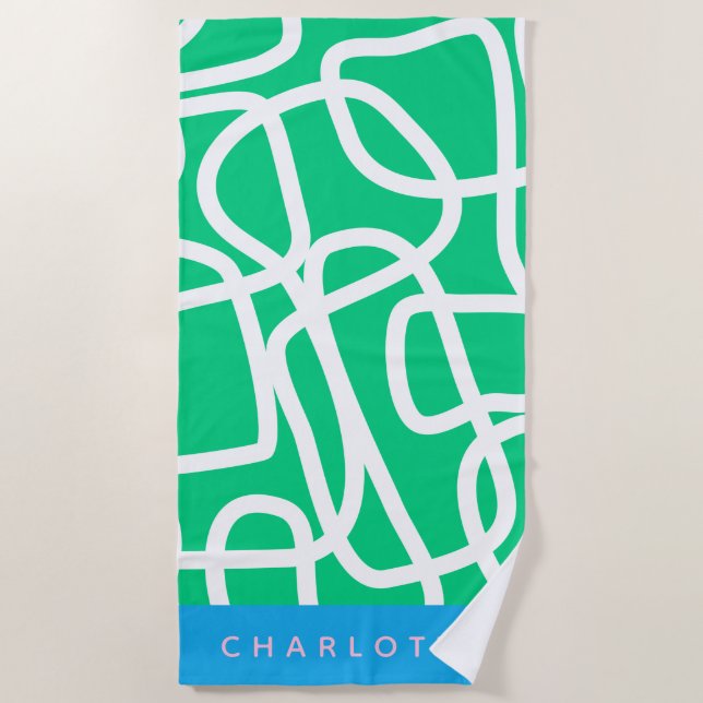 Abstract Modern Line Art in Green Personalised Beach Towel (Front)