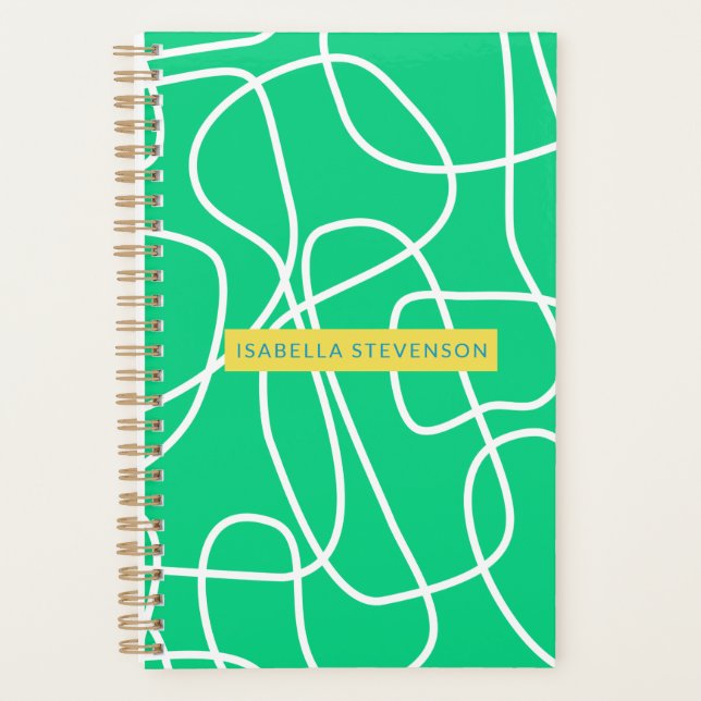 Abstract Modern Line Art in Green Personalised  Planner (Front)