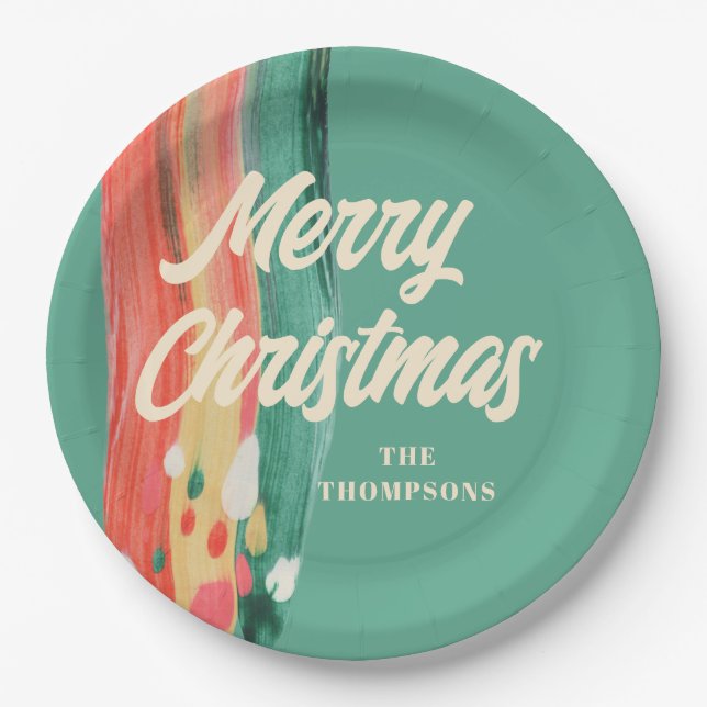 Abstract Modern Merry Christmas Personalised Name Paper Plate (Front)
