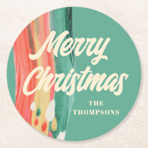 Abstract Modern Merry Christmas Personalised Name Round Paper Coaster