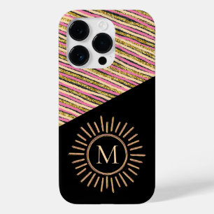 Abstract Modern Monogram Gold Pink Stripes Case-Mate iPhone 14 Pro Case