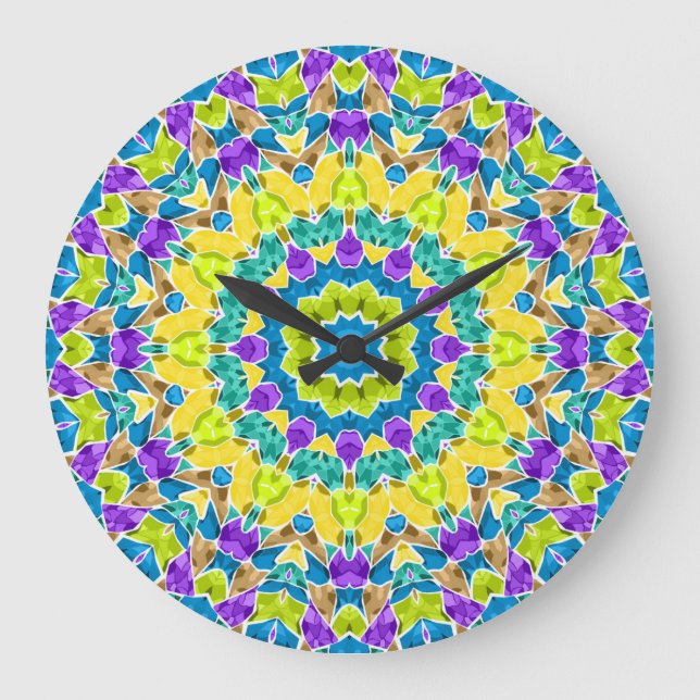 Abstract modern mosaic kaleidoscopic tile pattern large clock (Front)