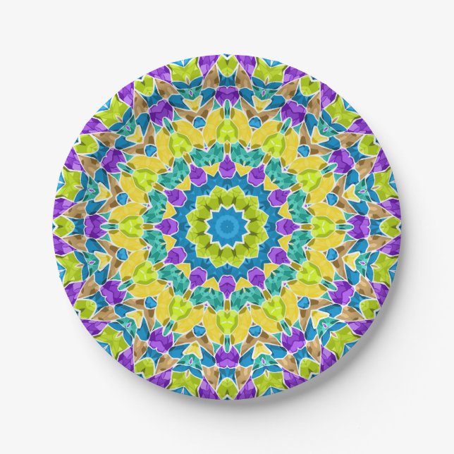 Abstract modern mosaic kaleidoscopic tile pattern paper plate (Front)