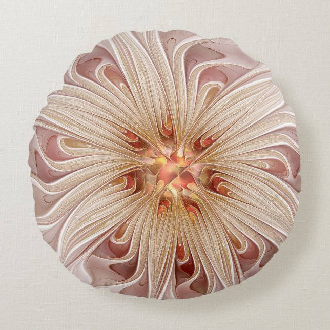 Abstract Modern Peach Pastel Flower Fractal Art Round Cushion (Front)