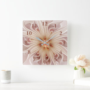 Abstract Modern Peach Pastel Flower Fractal Art Square Wall Clock