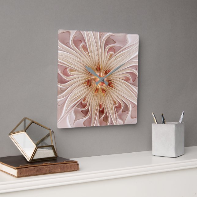 Abstract Modern Peach Pastel Flower Fractal Art Square Wall Clock (Office)