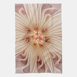 Abstract Modern Peach Pastel Flower Fractal Art Tea Towel