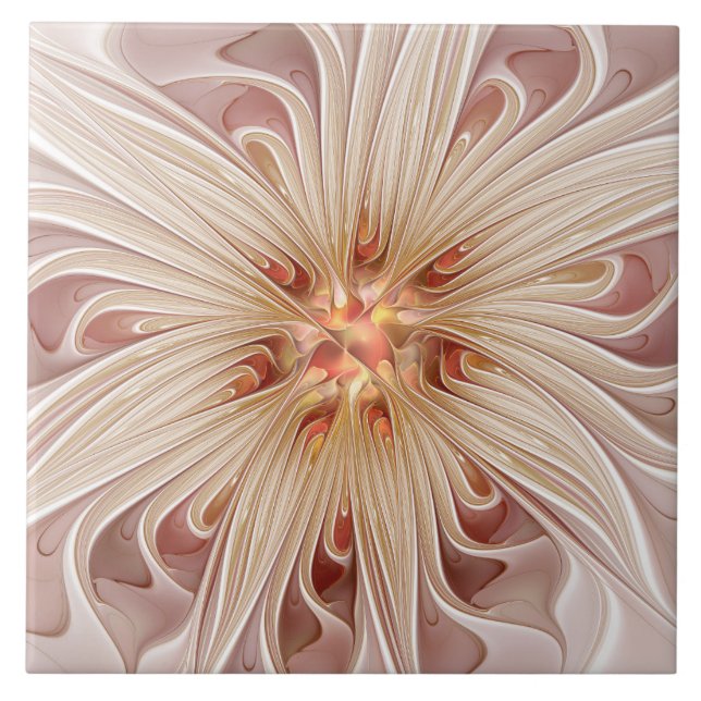Abstract Modern Peach Pastel Flower Fractal Art Tile (Front)