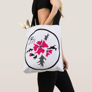 Abstract modern pink flower grey leaves print whit tote bag