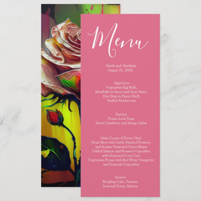 Abstract Modern Pink Roses Wedding Menu (Front/Back)