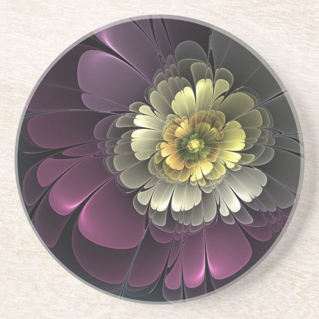 Abstract Modern Purpur Khaki Gray Fractal Flower Coaster (Front)
