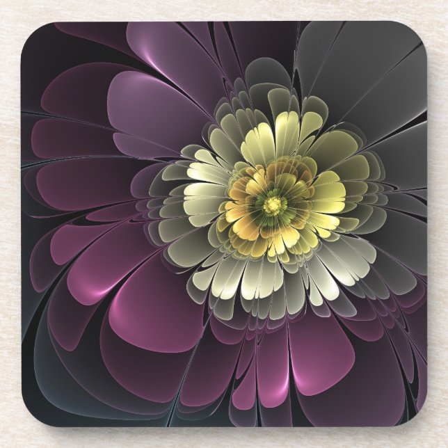Abstract Modern Purpur Khaki Gray Fractal Flower Coaster (Front)