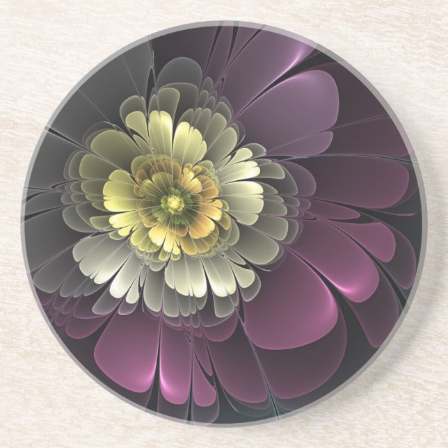 Abstract Modern Purpur Khaki Gray Fractal Flower Coaster (Front)