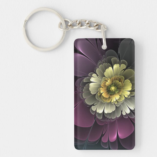 Abstract Modern Purpur Khaki Gray Fractal Flower Key Ring (Front)
