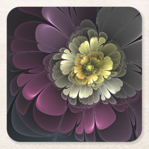 Abstract Modern Purpur Khaki Gray Fractal Flower Square Paper Coaster