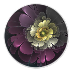 Abstract Modern Purpur Khaki Grey Fractal Flower Ceramic Knob