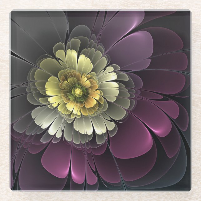 Abstract Modern Purpur Khaki Grey Fractal Flower Glass Coaster (Front)